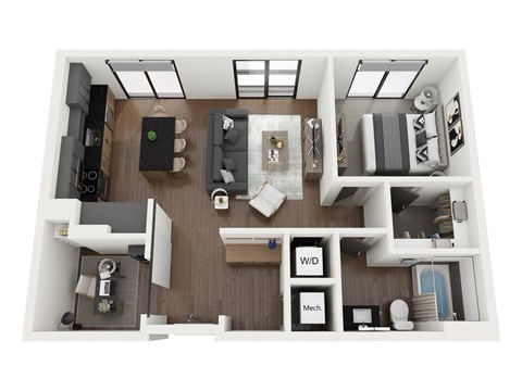 Floor plan for 1 bed, 1 bath, 826 sqft