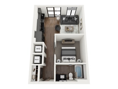 Floor plan for 1 bed, 1 bath, 569 sqft