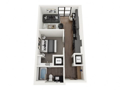 Floor plan for 1 bed, 1 bath, 583 sqft