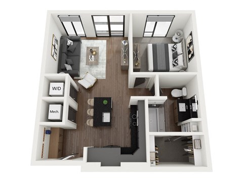 Floor plan for 1 bed, 1 bath, 664 sqft
