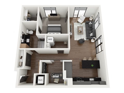 Floor plan for 1 bed, 1 bath, 945 sqft