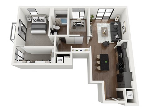 Floor plan for 1 bed, 1 bath, 972 sqft