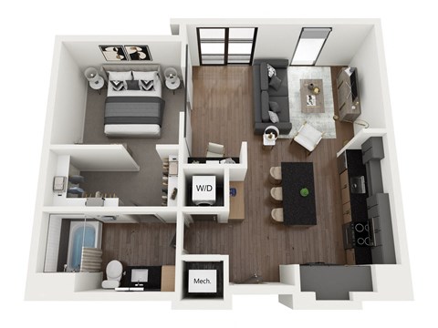 Floor plan for 1 bed, 1 bath, 764 sqft