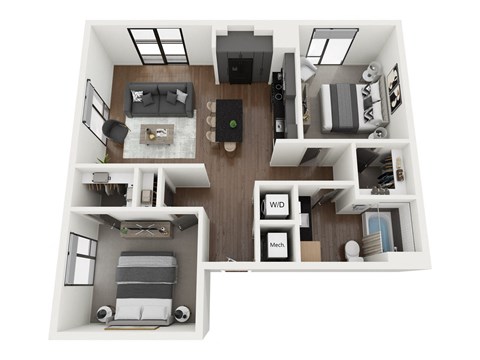 Floor plan for 2 beds, 1 bath, 980 sqft
