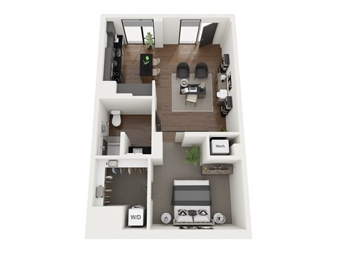 Floor plan for 1 bed, 1 bath, 732 sqft