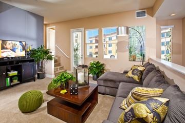 Escondido apartment for rent - A living room with a grey couch and a green ball on the floor.