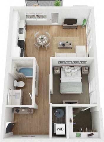 Floor plan for 1 bed, 1 bath, 664 sqft