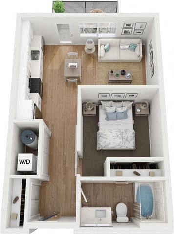 Floor plan for 1 bed, 1 bath, 587 sqft
