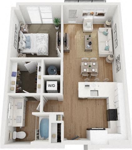 Floor plan for 1 bed, 1 bath, 733 sqft