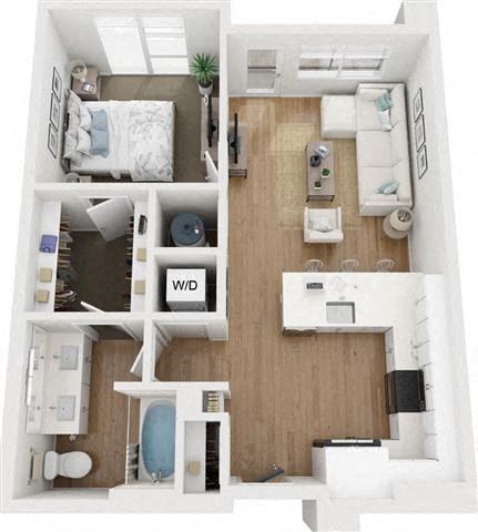 Floor plan for 1 bed, 1 bath, 686 sqft