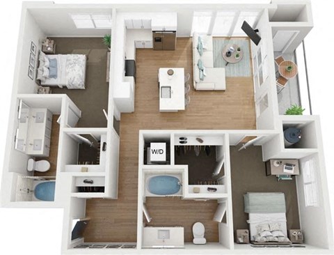 Floor plan for 2 beds, 2 baths, 1051 sqft