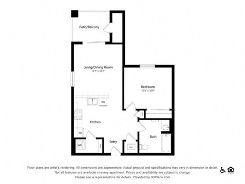Floor plan for 1 bed, 1 bath, 682 sqft