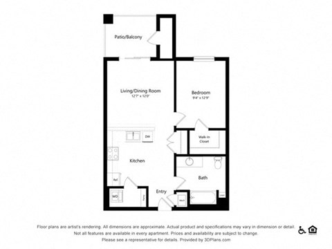 Floor plan for 1 bed, 1 bath, 702 sqft