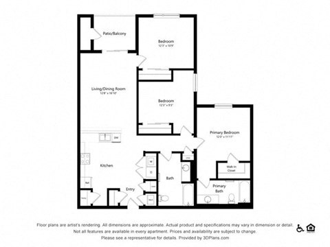 Floor plan for 3 beds, 2 baths, 1319 sqft