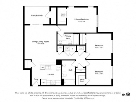 Floor plan for 3 beds, 2 baths, 1279 sqft