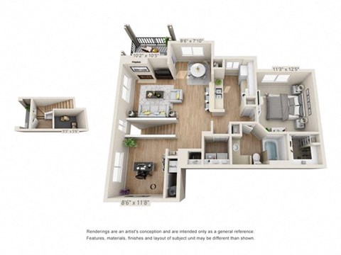 Floor plan for 1 bed, 1 bath, 1019 sqft