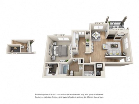 Floor plan for 1 bed, 1 bath, 858 sqft