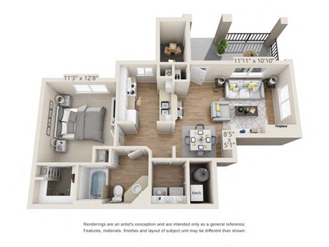 Floor plan for 1 bed, 1 bath, 727 sqft