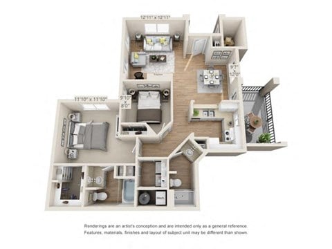 Floor plan for 2 beds, 2 baths, 1052 sqft