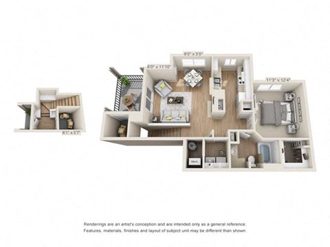 Floor plan for 1 bed, 1 bath, 847 sqft