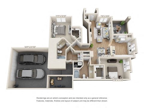 Floor plan for 2 beds, 2 baths, 1255 sqft