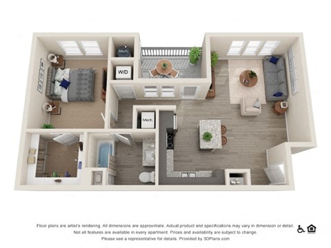 Floor plan for 1 bed, 1 bath, 849 sqft