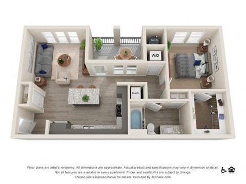 Floor plan for 1 bed, 1 bath, 782 sqft
