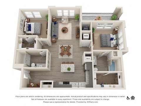 Floor plan for 2 beds, 2 baths, 1151 sqft