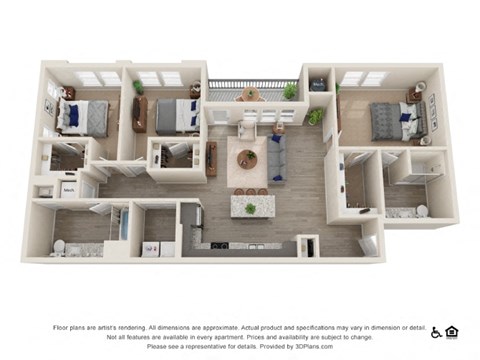 Floor plan for 3 beds, 2 baths, 1394 sqft