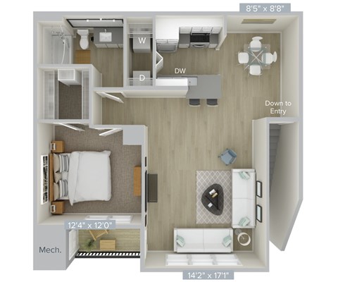 Floor plan for 1 bed, 1 bath, 843 sqft