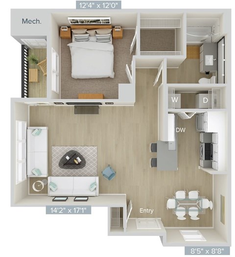 Floor plan for 1 bed, 1 bath, 857 sqft