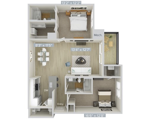 Floor plan for 2 beds, 2 baths, 1115 sqft