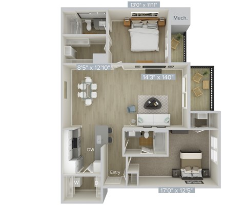 Floor plan for 2 beds, 2 baths, 1178 sqft