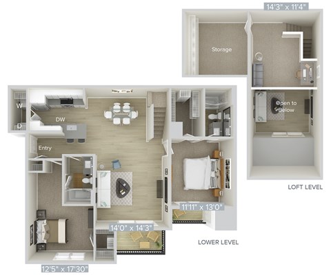 Floor plan for 2 beds, 2 baths, 1395 sqft