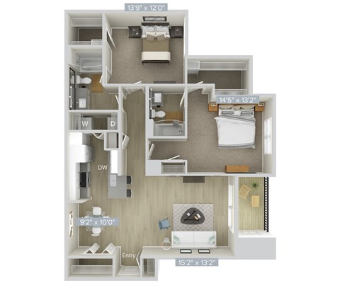 Floor plan for 2 beds, 2 baths, 1188 sqft