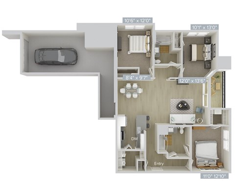 Floor plan for 3 beds, 2 baths, 1295 sqft