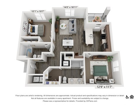 Floor plan for 2 beds, 2 baths, 1070 sqft