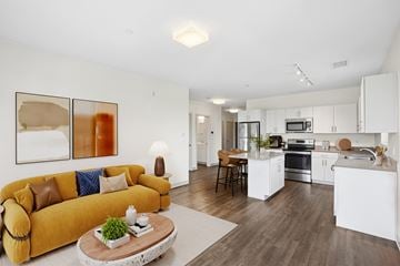 Beverly apartment for rent - A modern living room with a yellow couch and a coffee table.