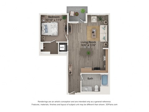 Floor plan for 1 bed, 1 bath, 713 sqft