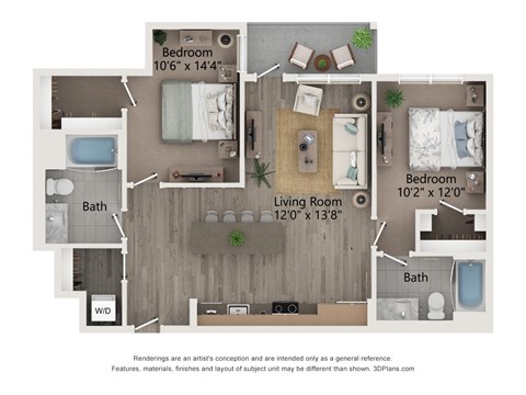 Floor plan for 2 beds, 2 baths, 1008 sqft