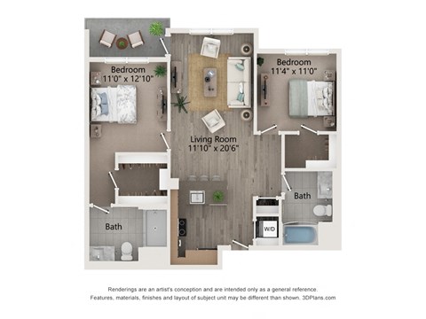 Floor plan for 2 beds, 2 baths, 1050 sqft