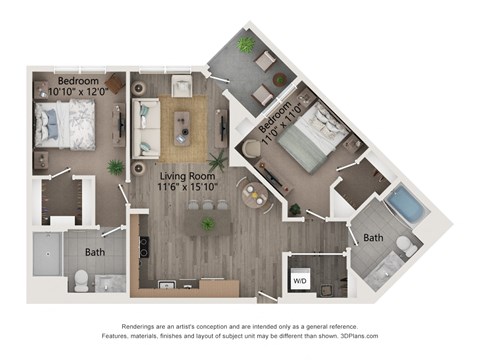 Floor plan for 2 beds, 2 baths, 1050 sqft
