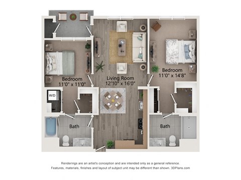 Floor plan for 2 beds, 2 baths, 1072 sqft