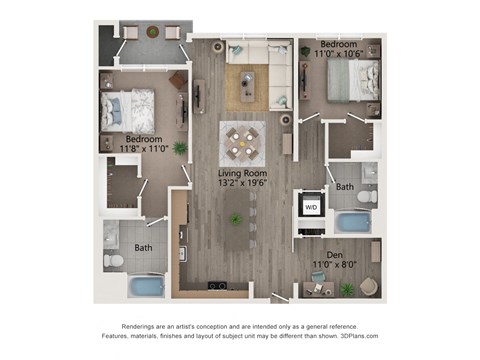 Floor plan for 2 beds, 2 baths, 1227 sqft