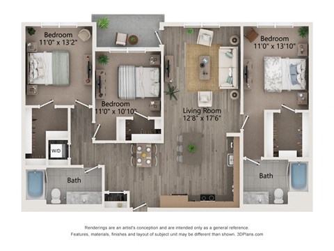 Floor plan for 3 beds, 2 baths, 1390 sqft