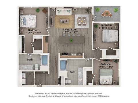 Floor plan for 3 beds, 2 baths, 1405 sqft