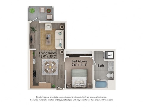 Floor plan for studio, 1 bath, 581 sqft