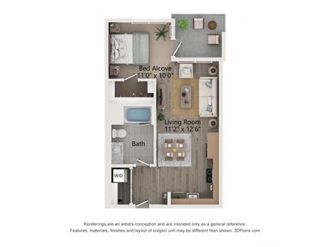 Floor plan for studio, 1 bath, 586 sqft