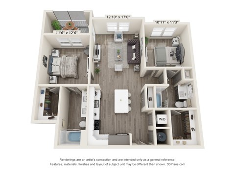 Floor plan for 2 beds, 2 baths, 1100 sqft