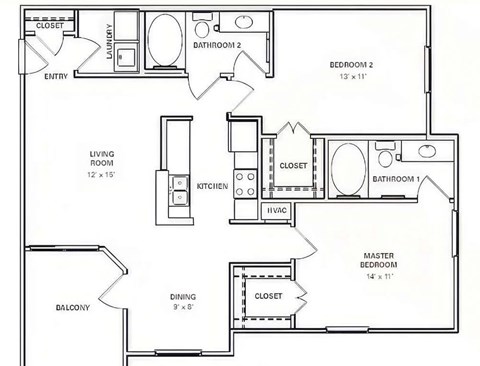 Floor plan for 2 beds, 2 baths, 1208 sqft